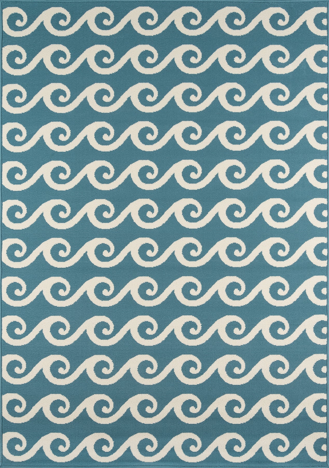 Blue textile with white looping wave pattern in repeating scrolls; coastal style.