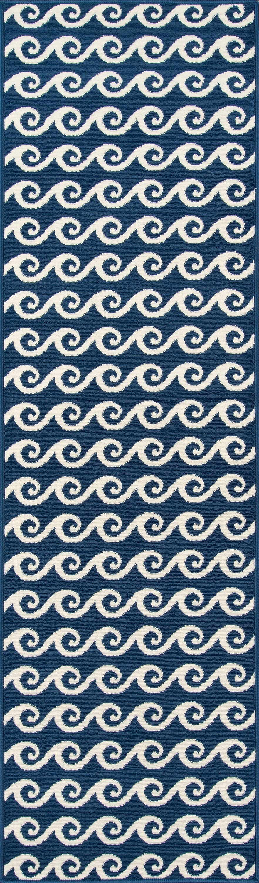 Navy blue fabric with a repeating white wave spiral pattern & nautical textile.