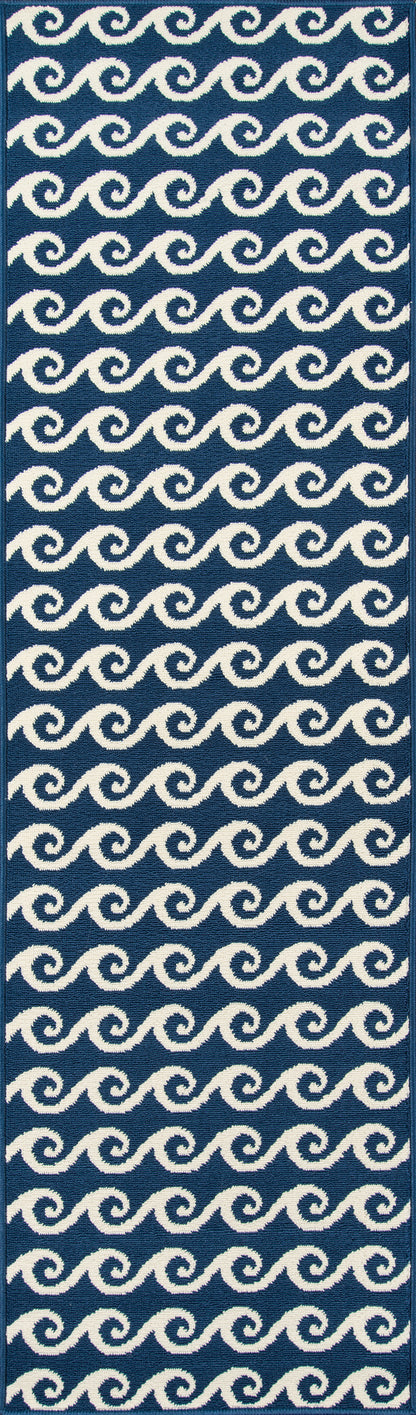 Navy fabric with repeating white seigaiha wave pattern; nautical textile for scarves, apparel or home decor.