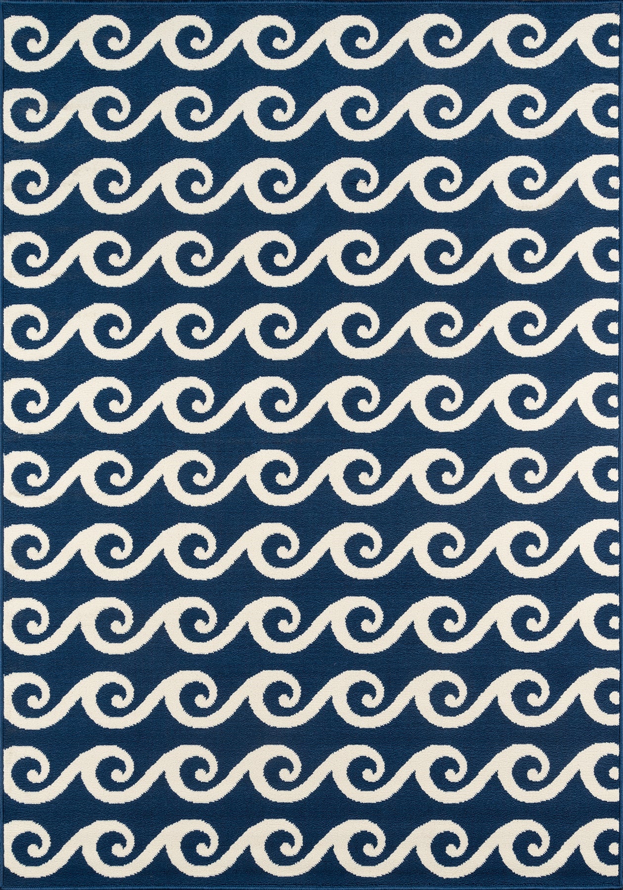Navy blue rug with white repeating wave swirl pattern, coastal design.