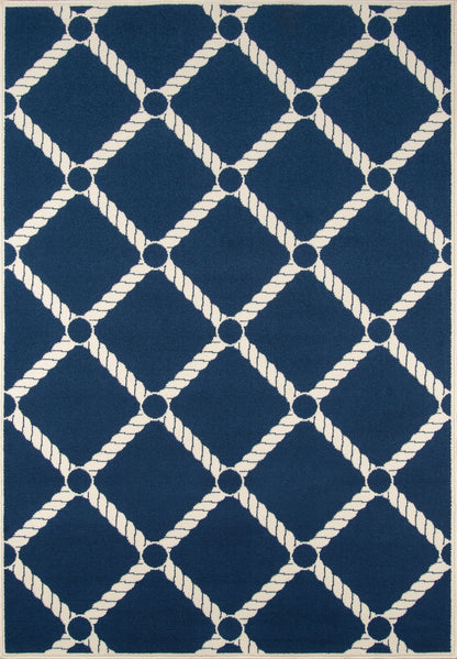 Navy blue rug with white rope-diamond lattice and circular knots at intersections.