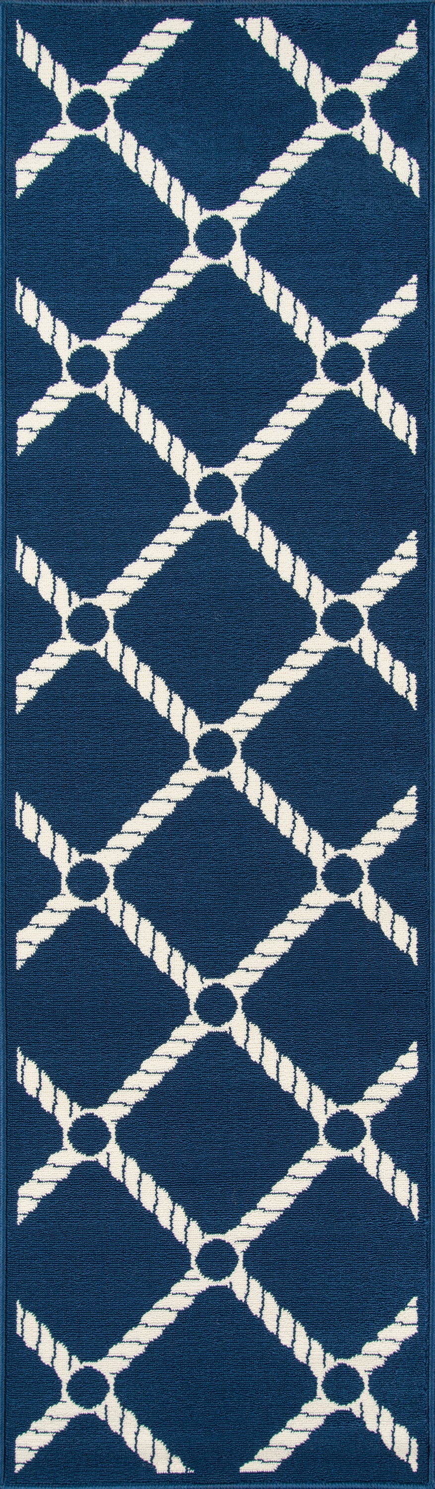 Navy blue fabric with white rope knot lattice pattern; nautical-inspired textile for upholstery or drapery.