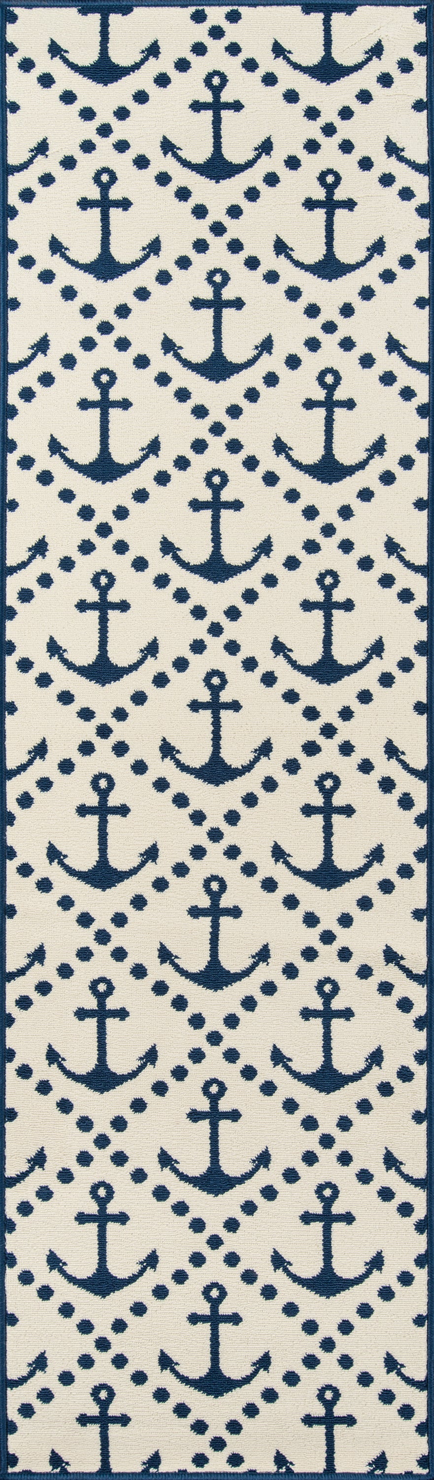Repeating navy anchor pattern on cream fabric with dotted diamond accents; nautical textile for upholstery or apparel