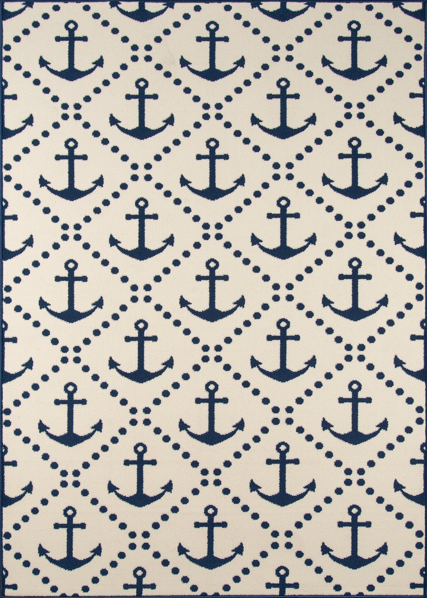 Navy anchors on cream background with a dotted diamond lattice; nautical fabric for upholstery or decor.