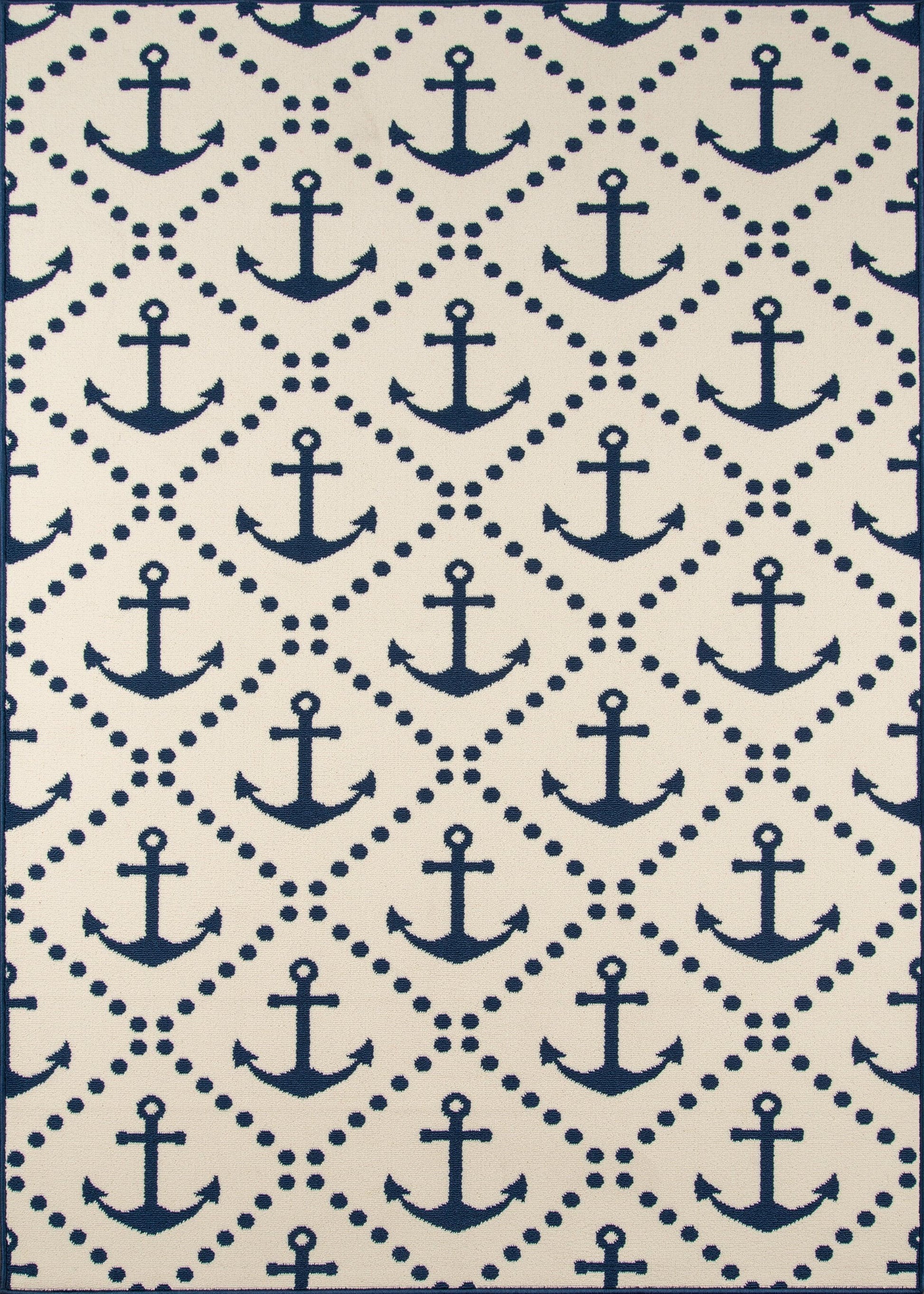 Navy anchors on cream background with a dotted diamond lattice; nautical fabric for upholstery or decor.