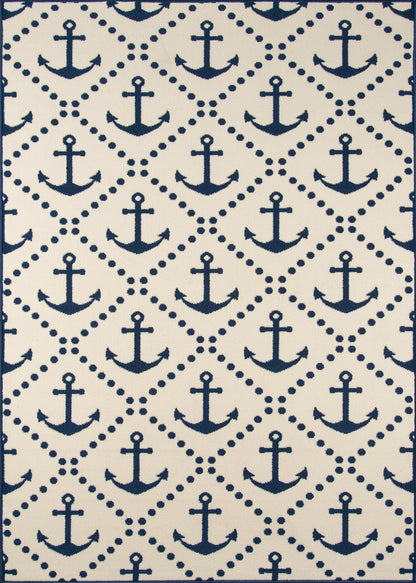 Navy anchors on cream background with a dotted diamond lattice; nautical fabric for upholstery or decor.