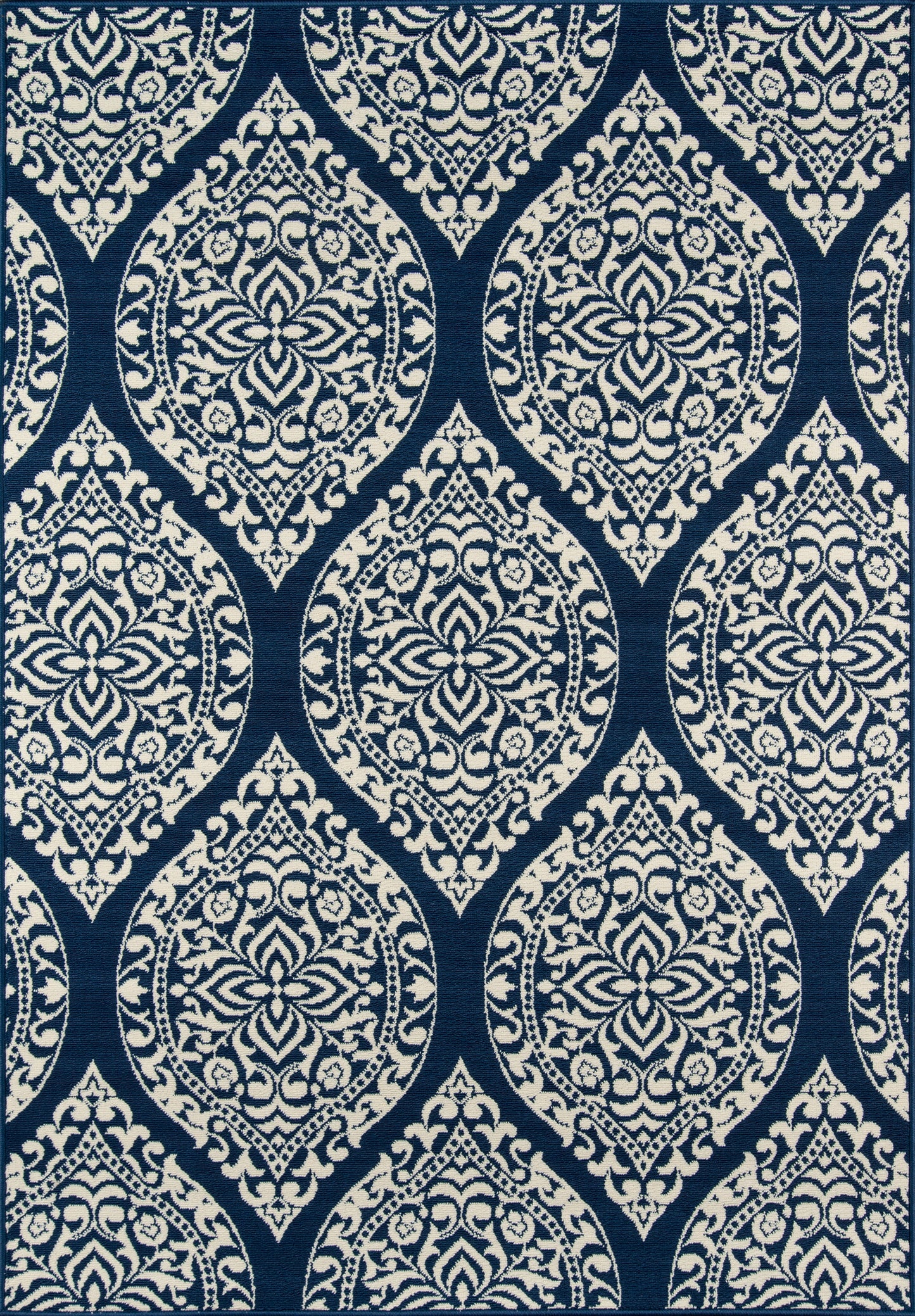 Navy blue textile with cream damask medallion pattern and scrolling floral motifs, repeating ornate design.