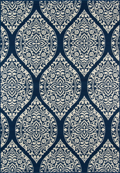Navy blue textile with cream damask medallion pattern and scrolling floral motifs, repeating ornate design.