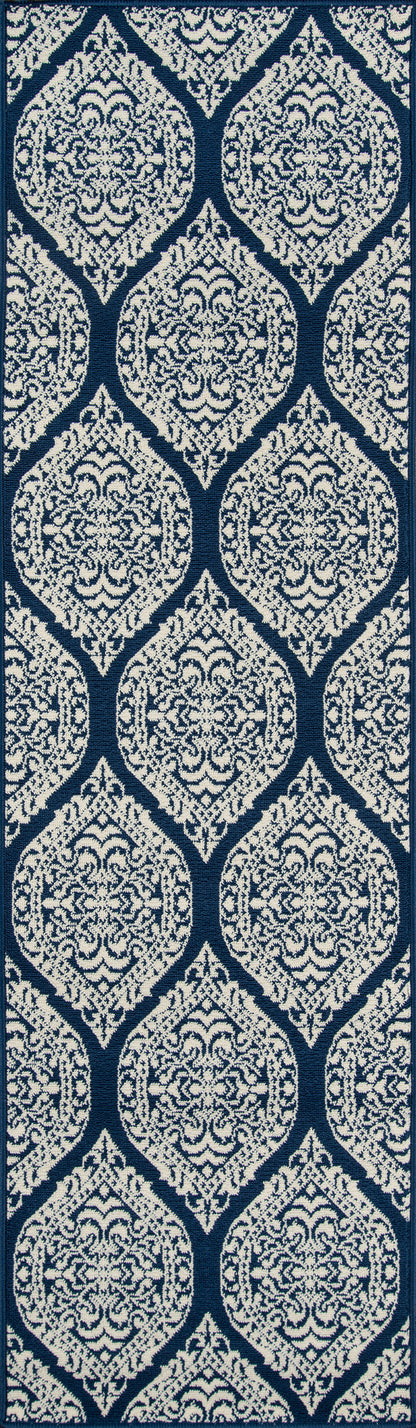 Navy blue & cream damask pattern rug with vertical trellis/teardrop motifs; classic, elegant 2' x 4' area rug.