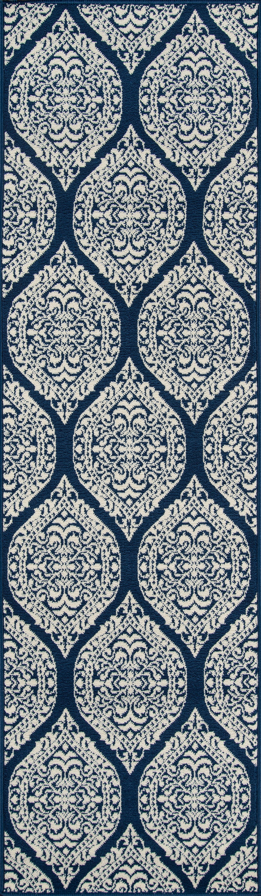 Navy blue wallpaper with ivory damask teardrop motifs in vertical repeats; classic, elegant pattern.