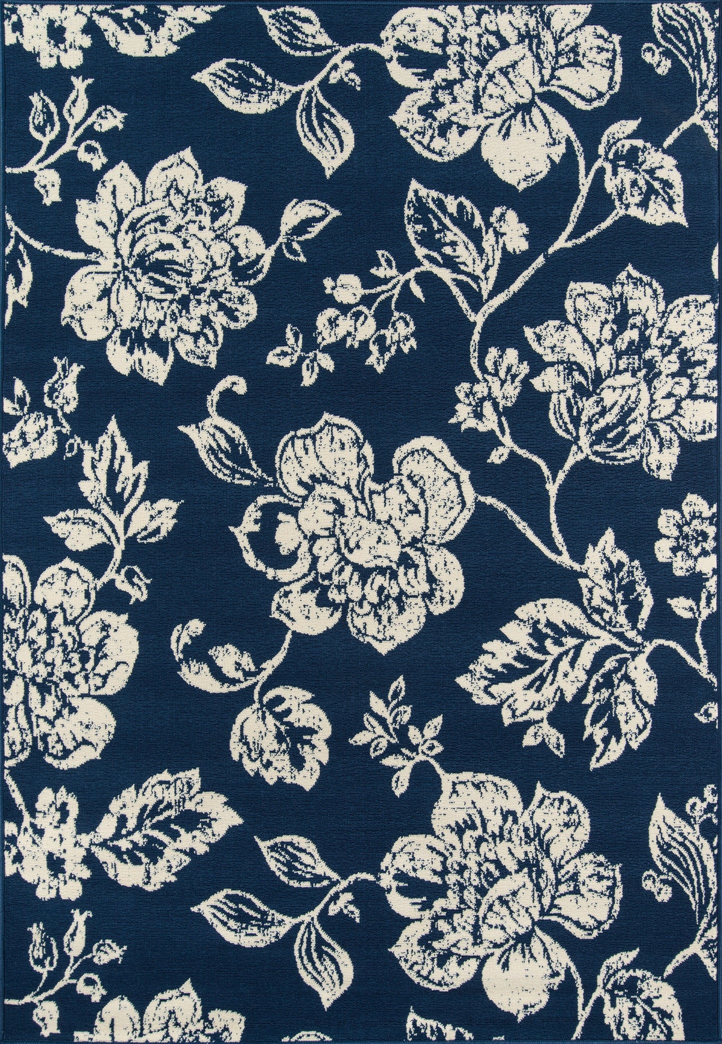 Navy rug with cream floral damask pattern; woven texture, traditional style for living room or bedroom.