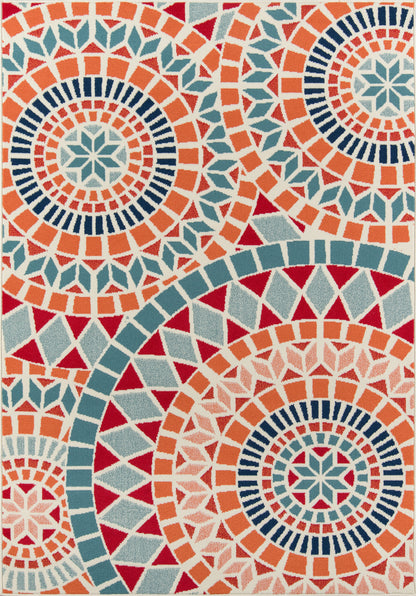 Colorful 2' x 8' runner rug with concentric circular mosaic motifs in orange, teal, and navy on a cream background; geometric tile pattern.