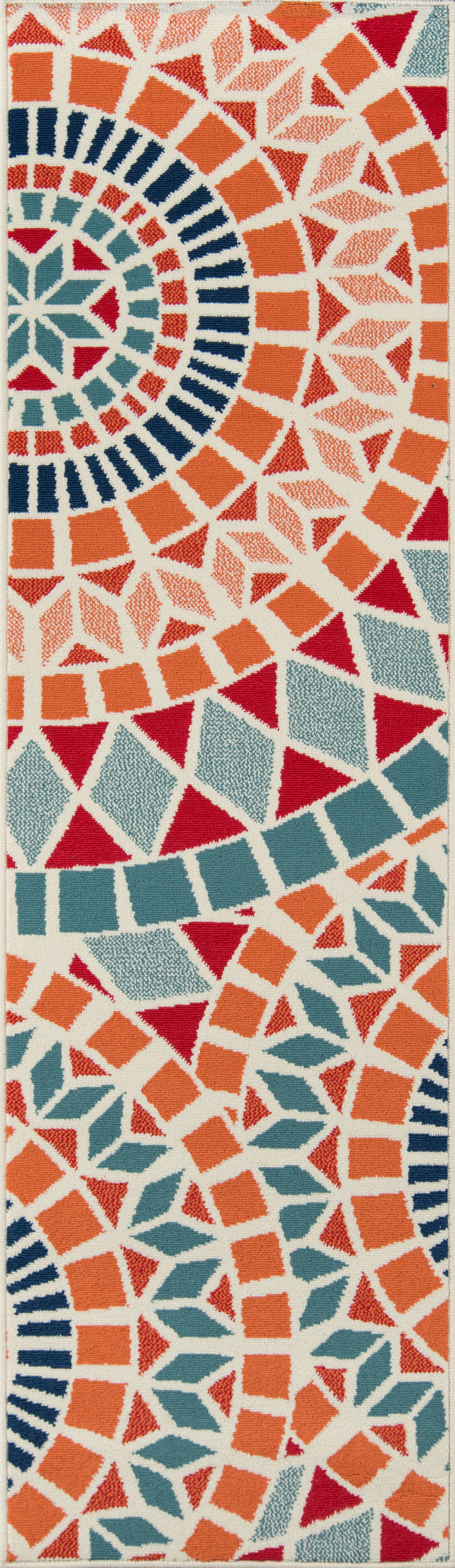 Colorful geometric rug with concentric circle pattern in orange, teal, navy and white; 9' x 13' area rug.