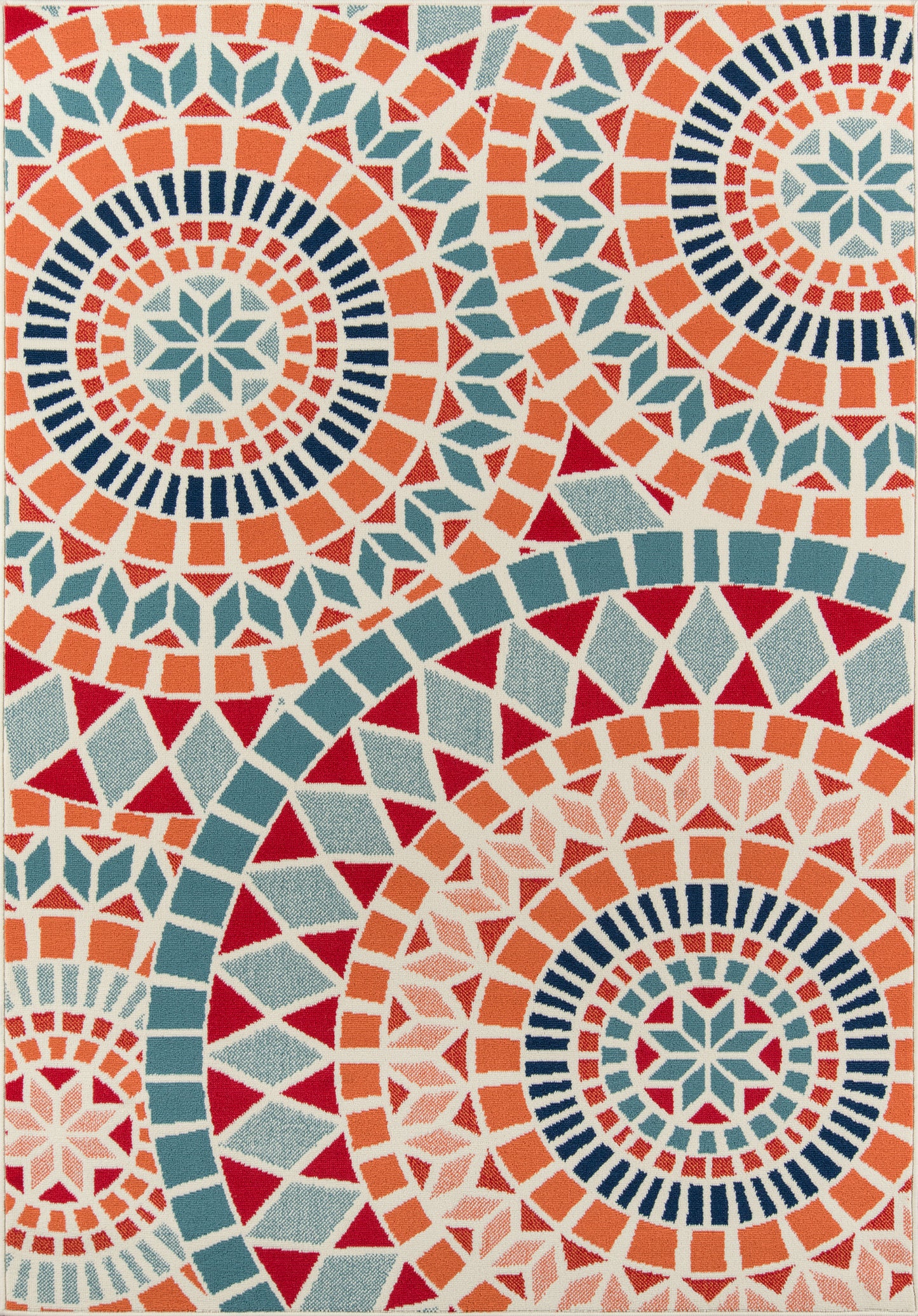 Colorful mosaic rectangular rug with teal, orange, navy & red geometric mandala patterns; woven area rug for living spaces.