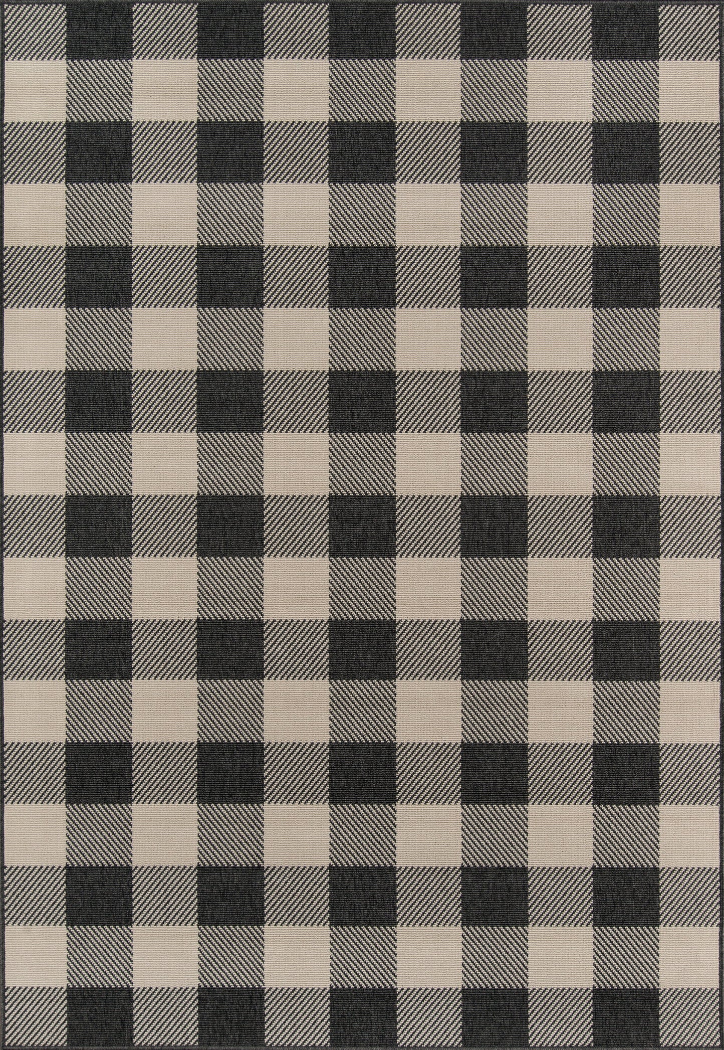 Beige and black buffalo-check rug with a diagonal hatch pattern; woven rug.