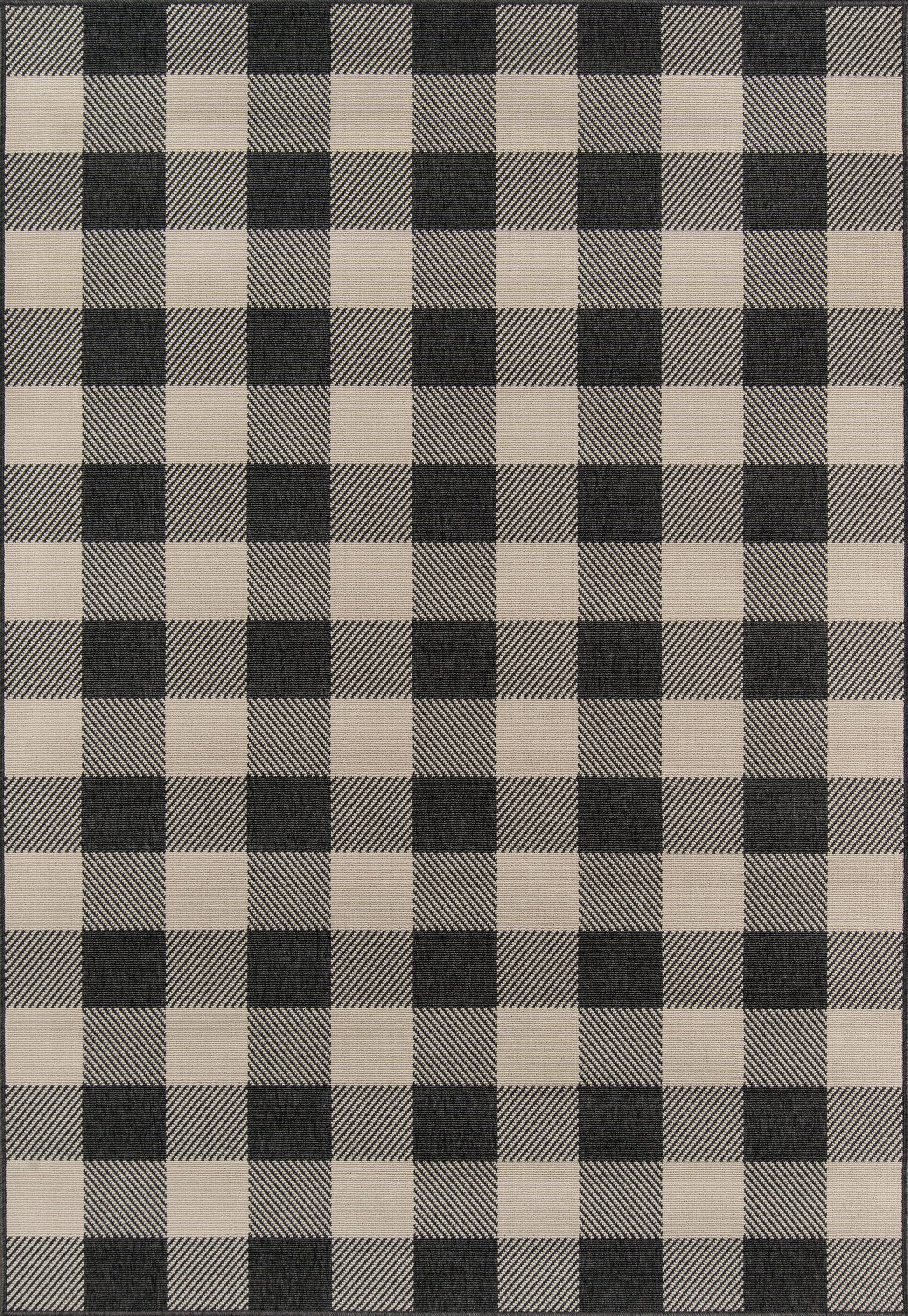 Beige and black buffalo-check rug with a diagonal hatch pattern; woven rug.