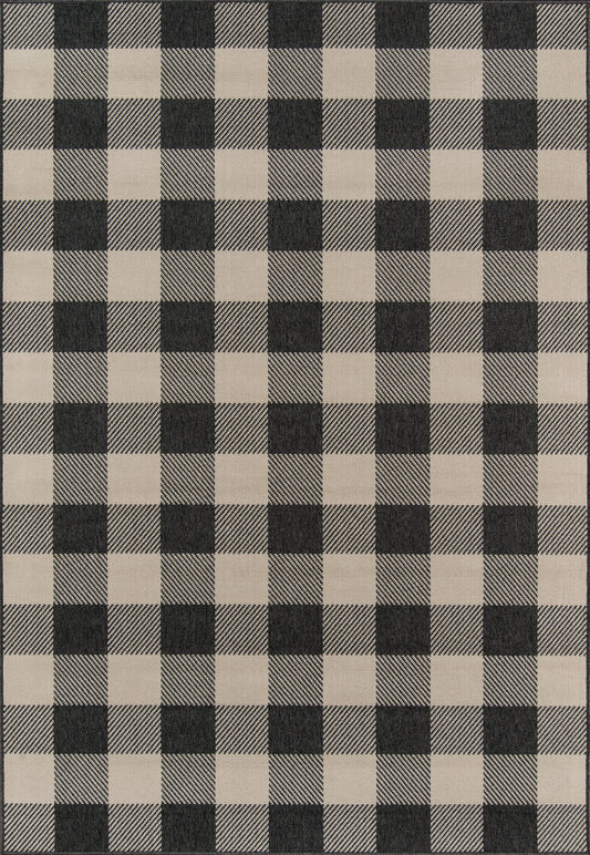 Beige and black buffalo-check rug with a diagonal hatch pattern; woven rug.