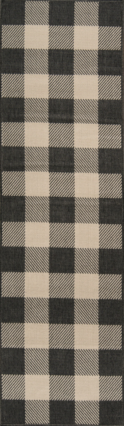 Woven buffalo-check rug in black and beige; rectangular 7' x 10' area rug.