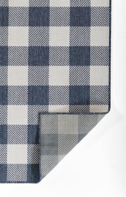 Navy blue and white gingham rug with a folded corner.
