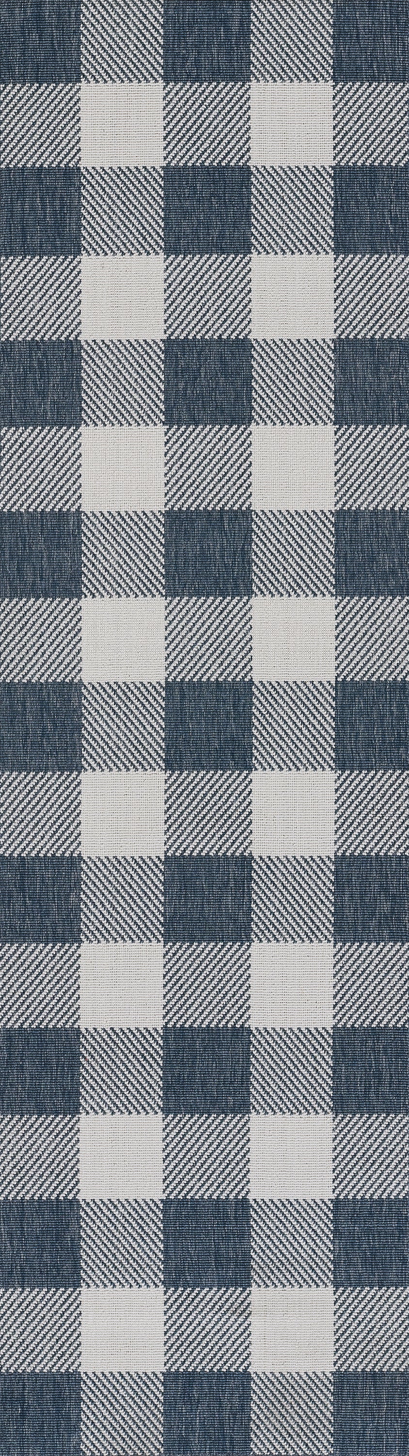 Blue and white gingham rug with woven plaid square-check pattern; 8' x 11'.