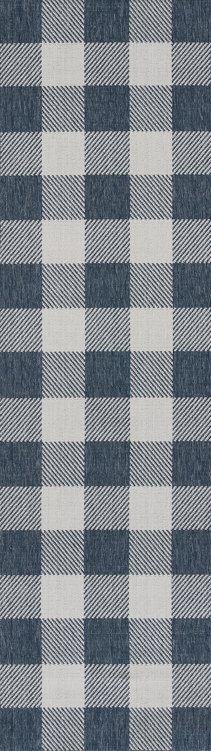 Blue and white gingham rug with woven plaid square-check pattern; 8' x 11'.