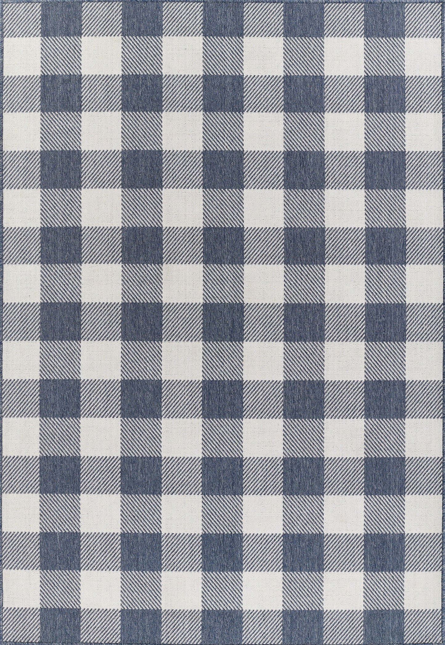 Blue and white gingham rug with denim-textured squares, 8' x 11'.