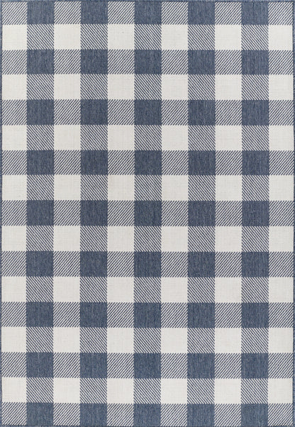Blue and white gingham rug with denim-textured squares, 8' x 11'.