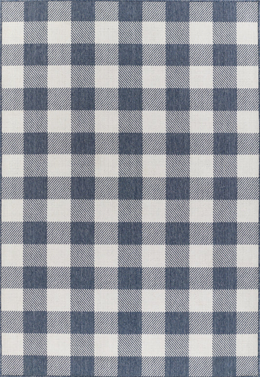 Blue and white gingham check woven rug with denim-like texture, rectangular.