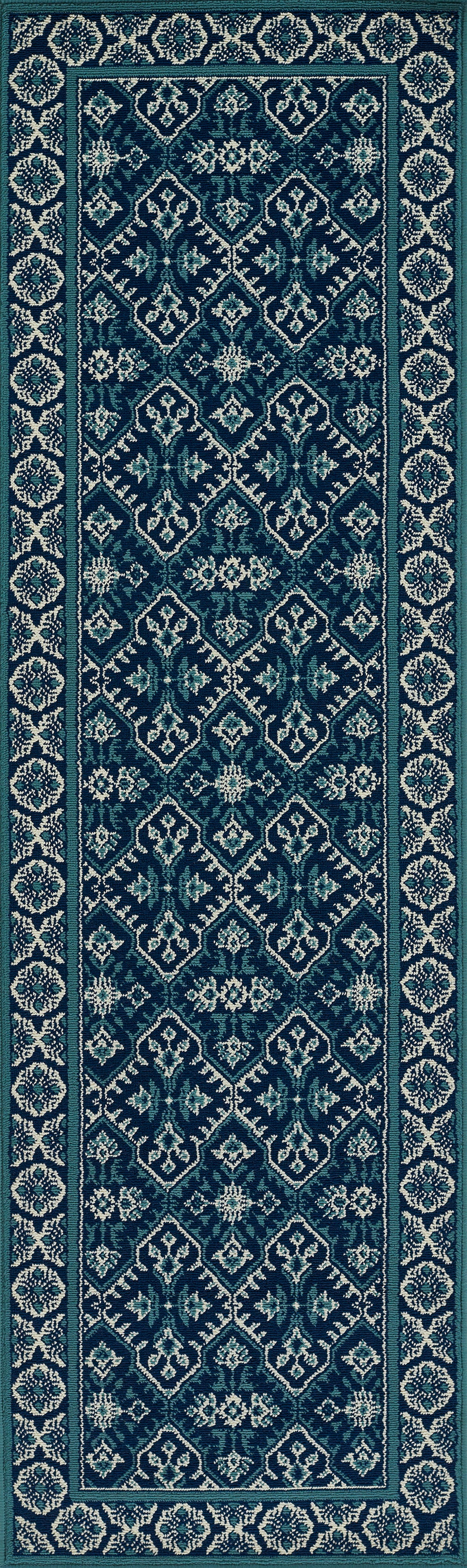 Blue hallway runner rug with turquoise geometric trellis and floral motifs, double pale borders.