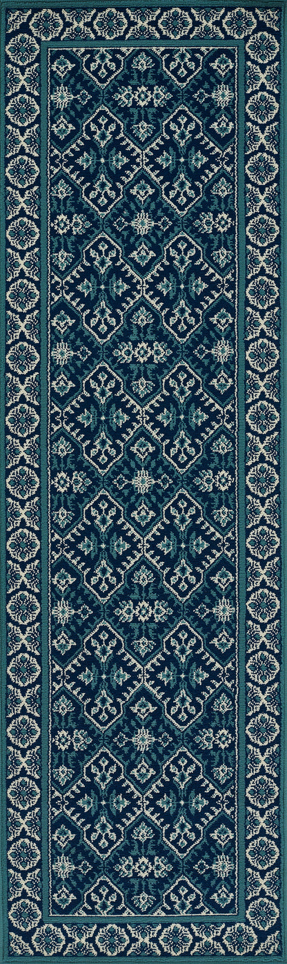Blue hallway runner rug with turquoise geometric trellis and floral motifs, double pale borders.
