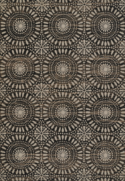 Brown and beige woven rug with a repeating circular starburst medallion pattern; 4' x 6' area rug.