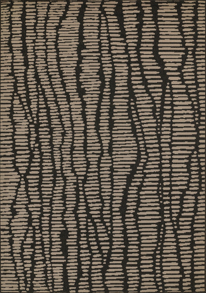 Beige linear stripes on a dark brown rug; irregular vertical dash pattern with a wood-grain, modern abstract style.