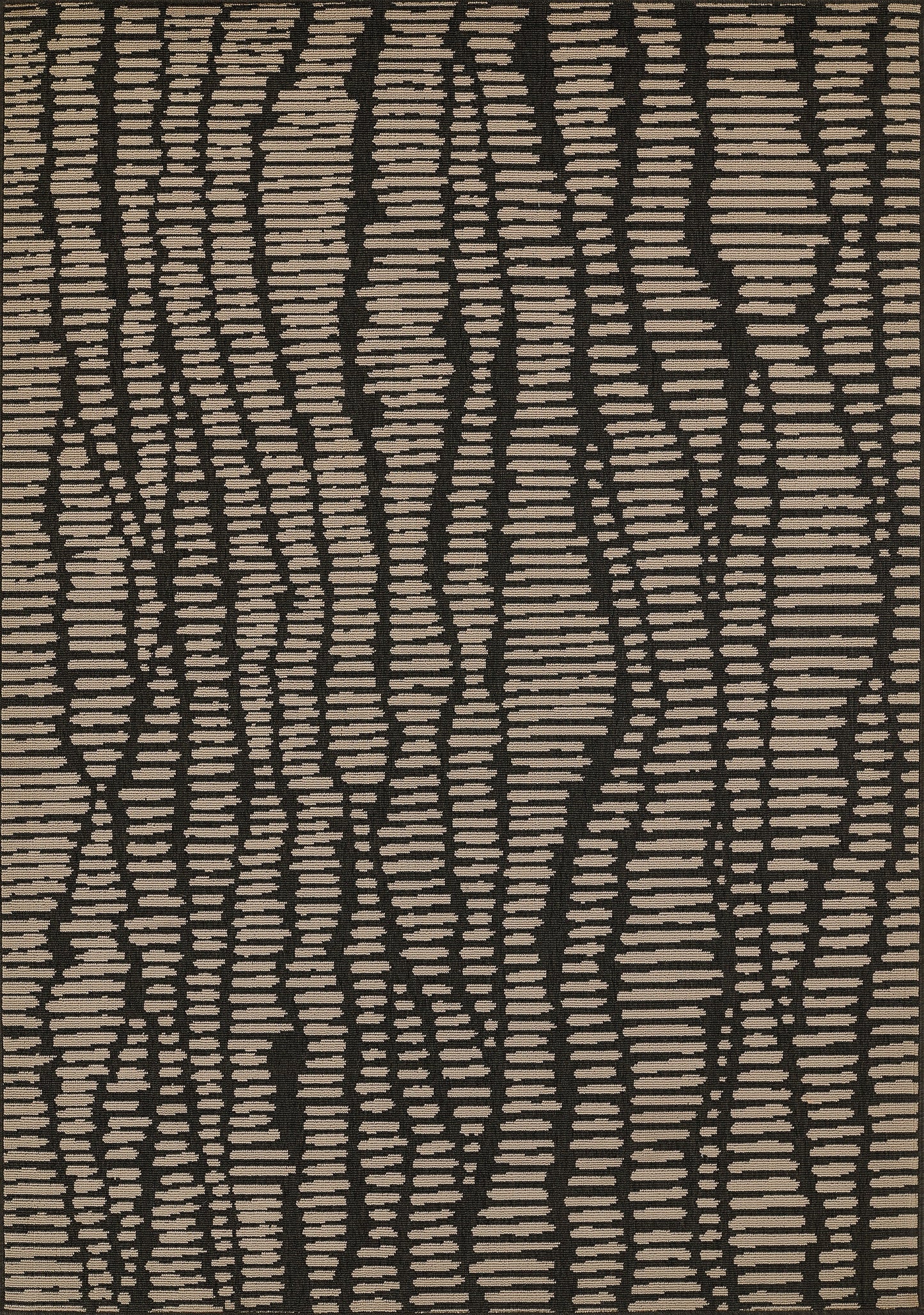 Tan and dark brown abstract striped rug with irregular beige dashes and woven texture.