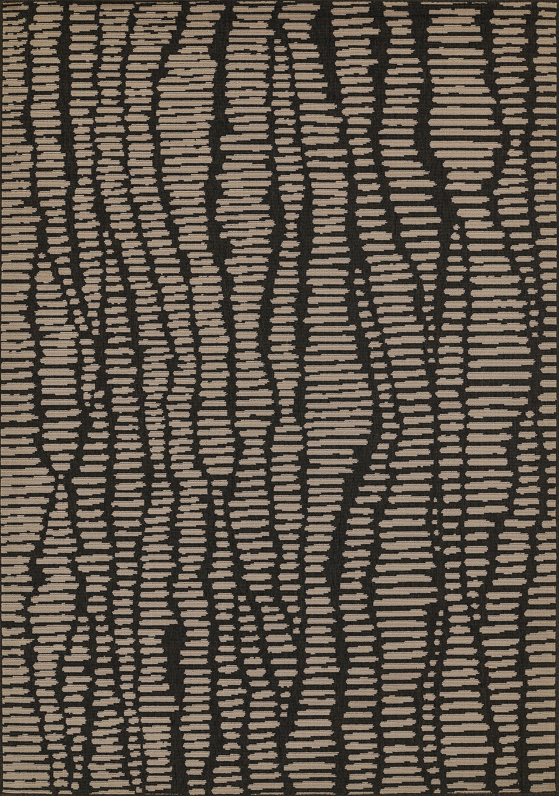 Tan and dark brown abstract striped rug with irregular beige dashes and woven texture.