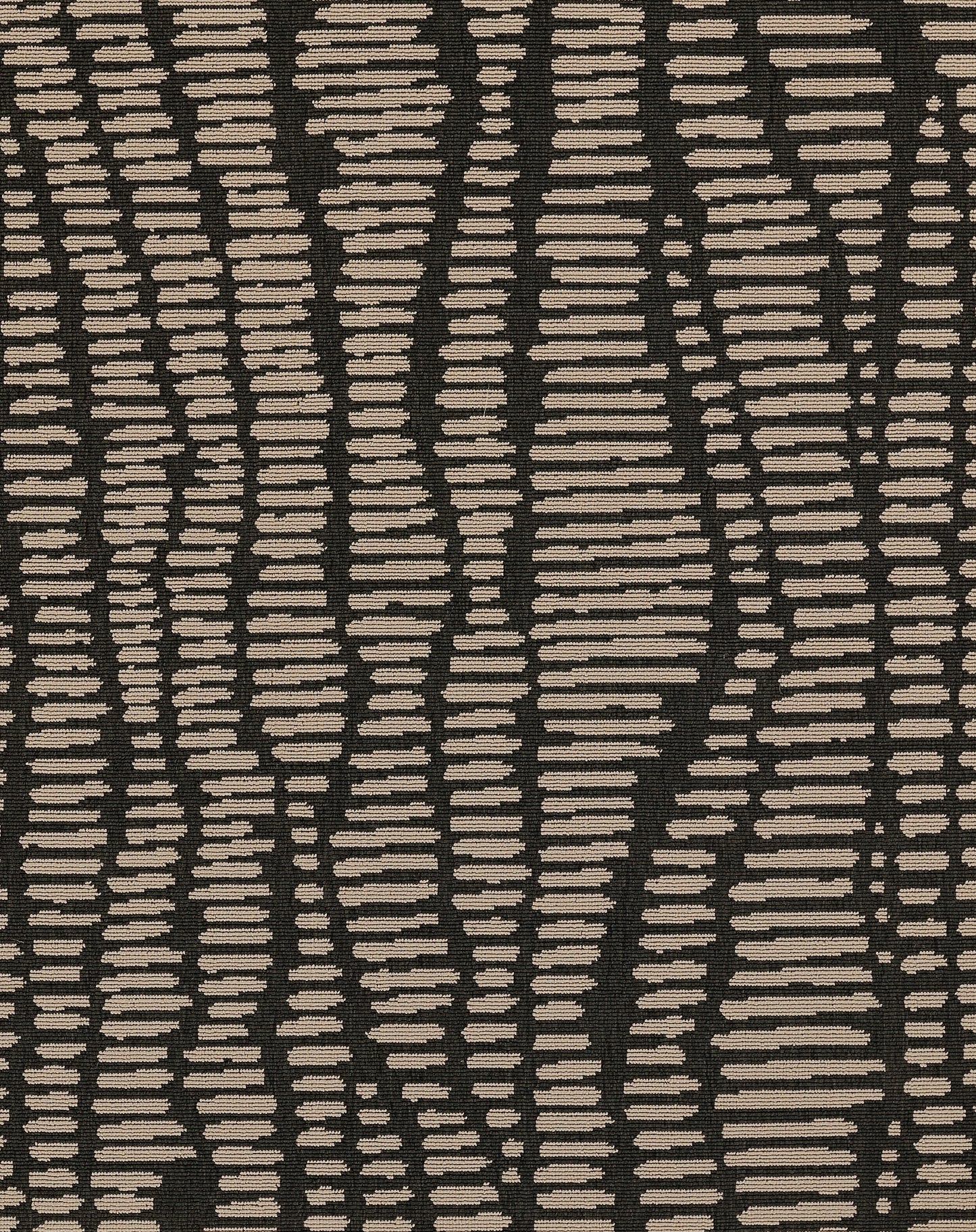 Dark brown rug with irregular tan segmented vertical stripes in a tribal, contemporary pattern.