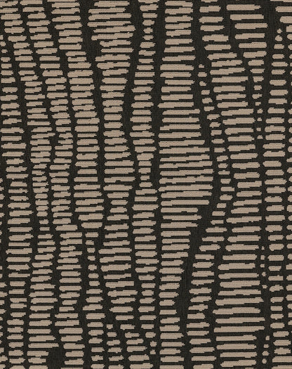 Dark brown rug with irregular tan segmented vertical stripes in a tribal, contemporary pattern.