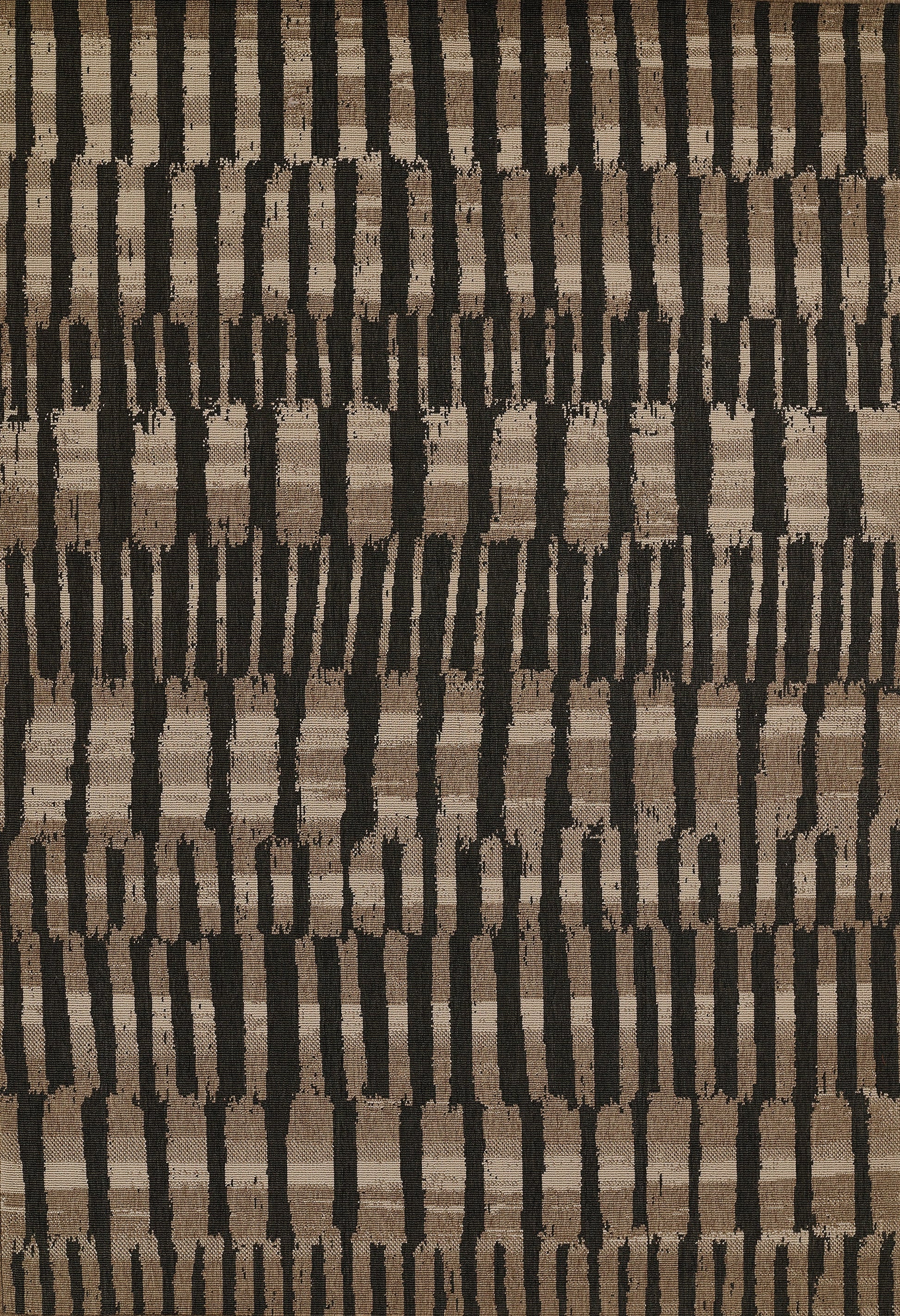 Brown and black woven rug with vertical rectangular bars; bold geometric pattern for living room decor.