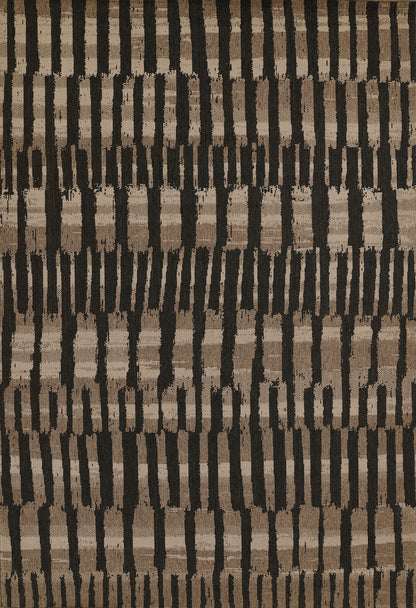 Brown and black woven rug with vertical rectangular bars; bold geometric pattern for living room decor.