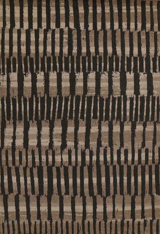 Brown and black woven rug with vertical rectangular bars; bold geometric pattern for living room decor.