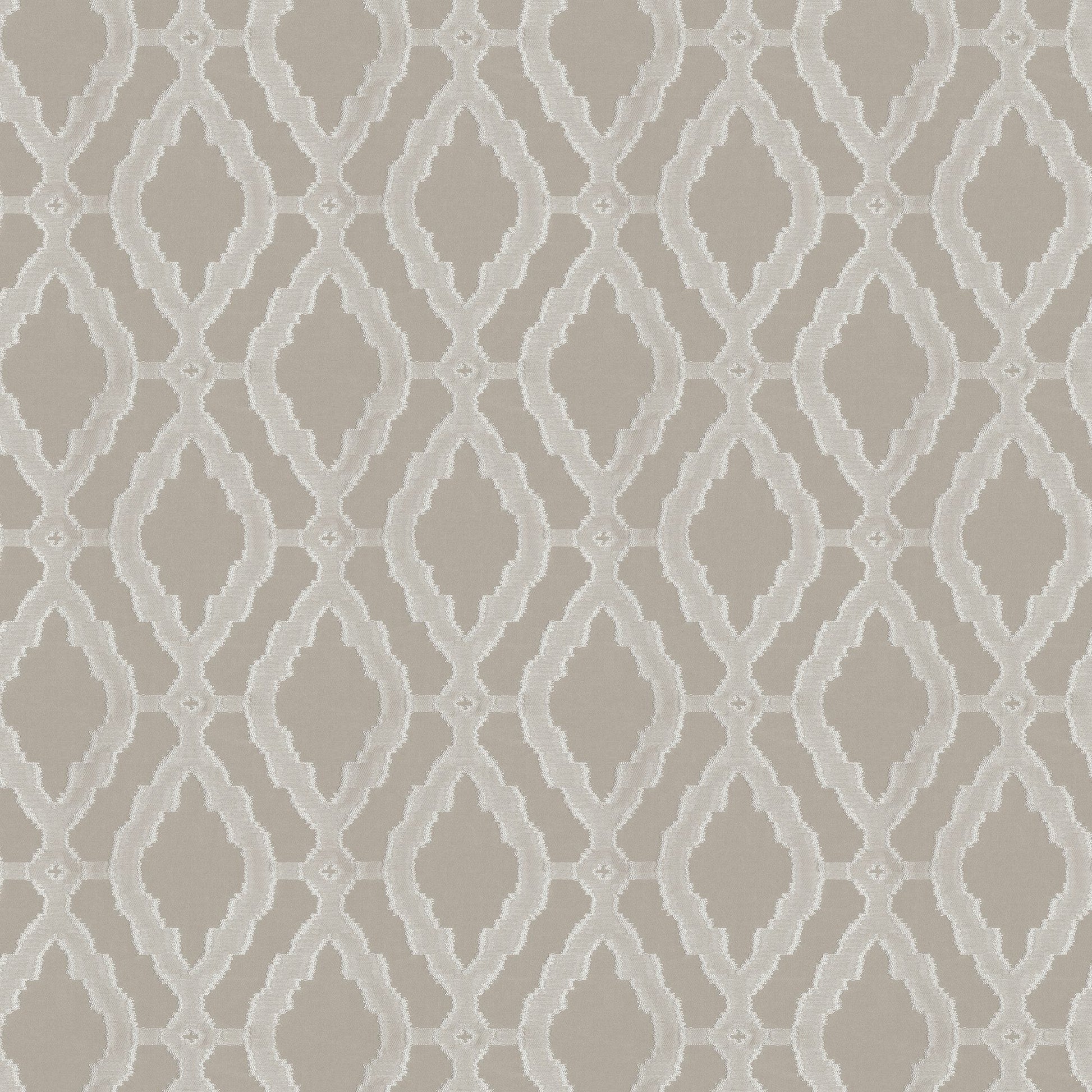 Taupe and cream damask trellis fabric with diamond shapes and small circular accents.