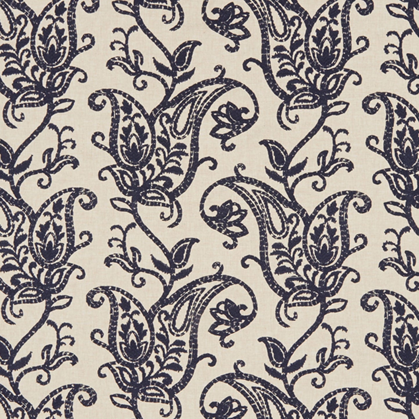 Baltic-style beige fabric with dark navy paisley and scrolling floral pattern