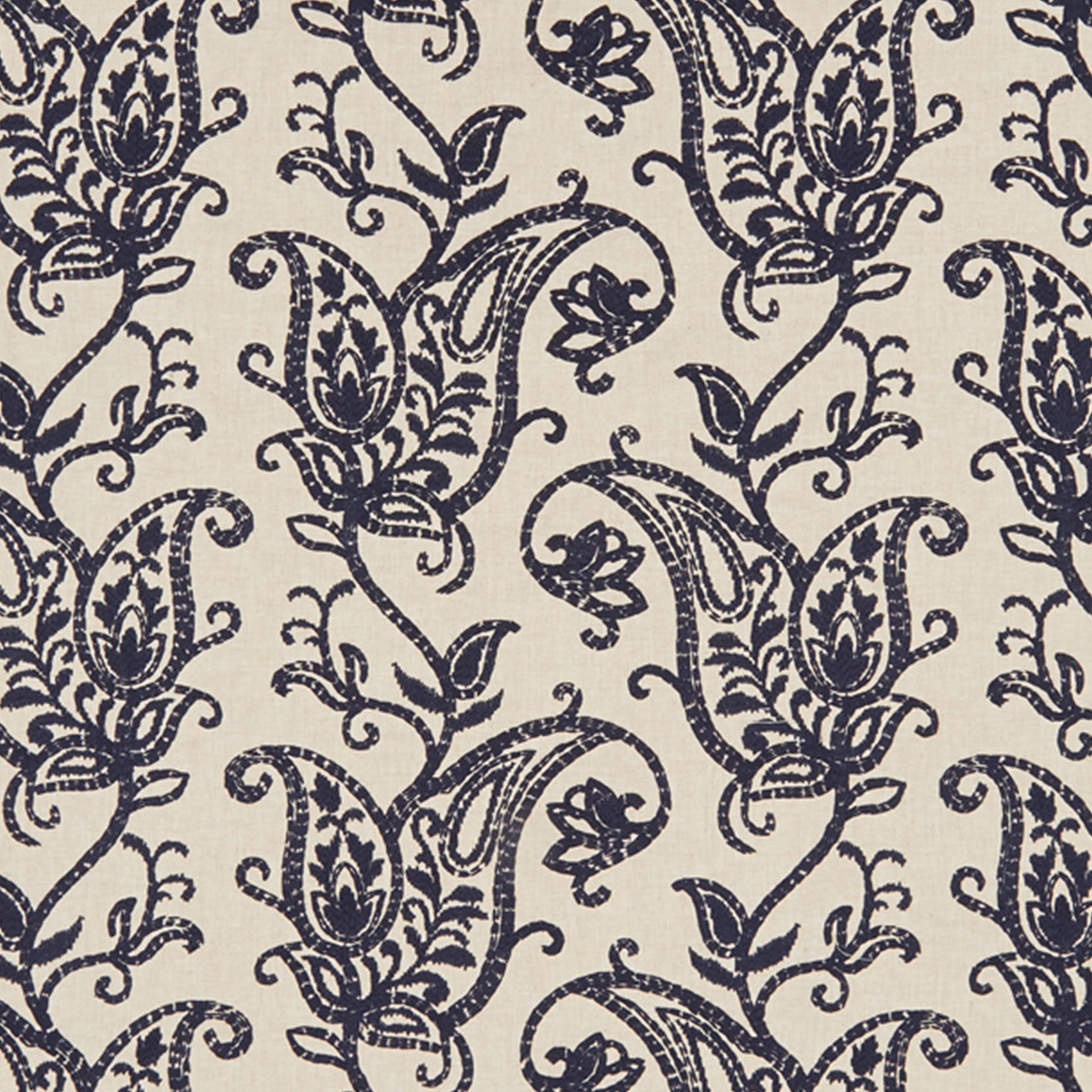 Baltic-style beige fabric with dark navy paisley and scrolling floral pattern