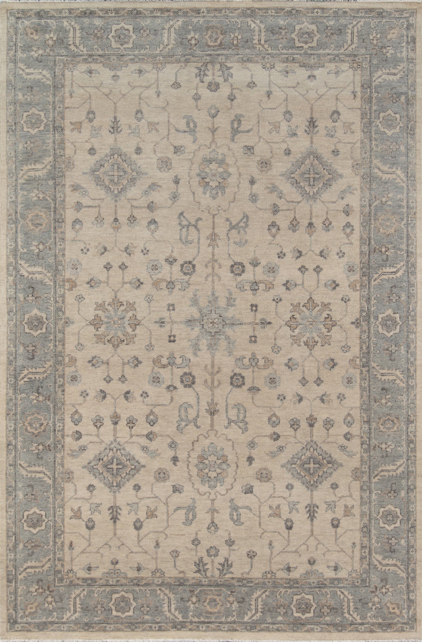 Beige Persian-style area rug with blue-gray border and intricate floral medallions; soft, woven decor rug.