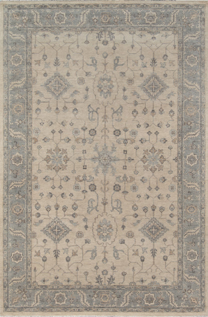 Beige Persian-style area rug with blue-gray border and intricate floral medallions; soft, woven decor rug.