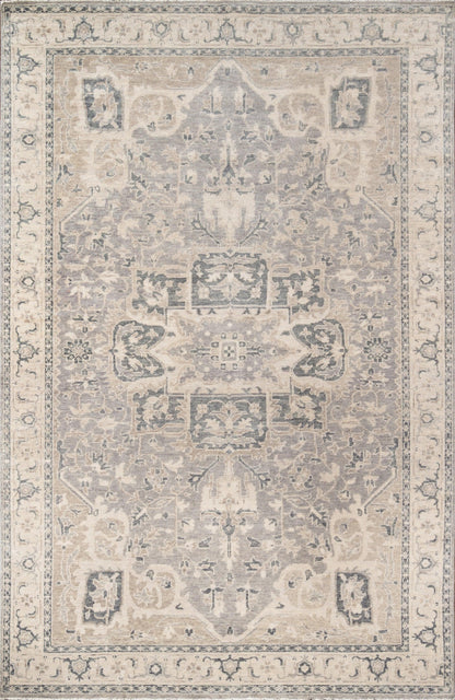 Traditional gray and ivory Persian-style area rug with central medallion, intricate floral motifs and decorative border.