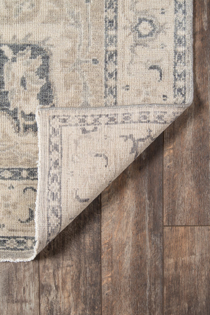 Beige & blue-gray patterned area rug with vintage border, folded corner on wood floor.