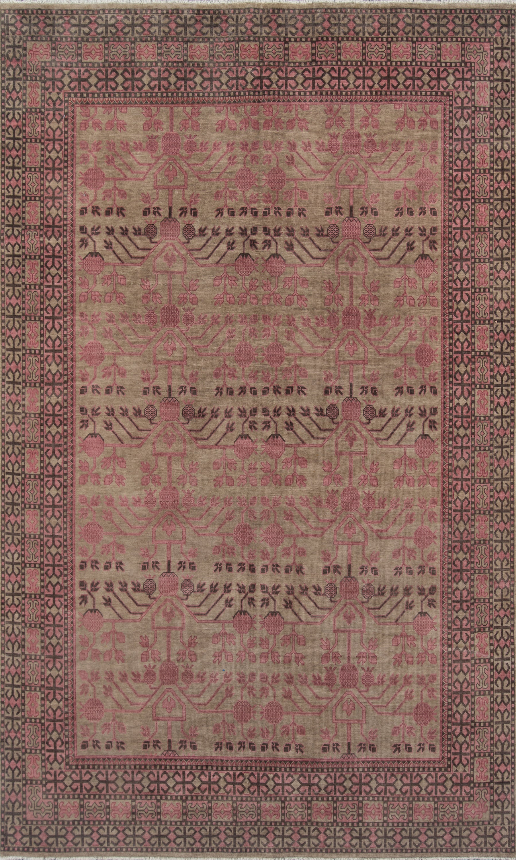 Banarasi-style pink and beige woven area rug with repeating floral-tree motifs and multi-border geometric pattern.