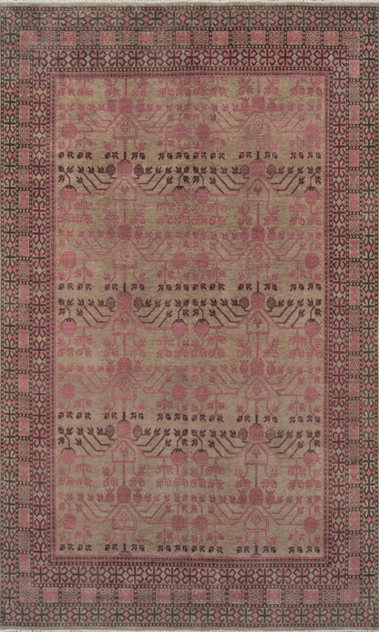 Banarasi-style pink and beige woven area rug with repeating floral-tree motifs and multi-border geometric pattern.
