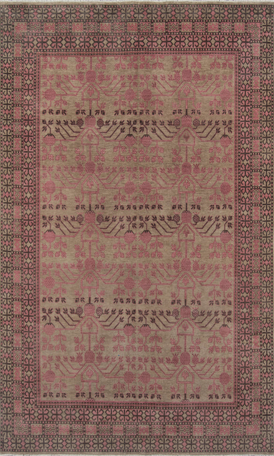Banarasi-style pink and beige woven area rug with repeating floral-tree motifs and multi-border geometric pattern.