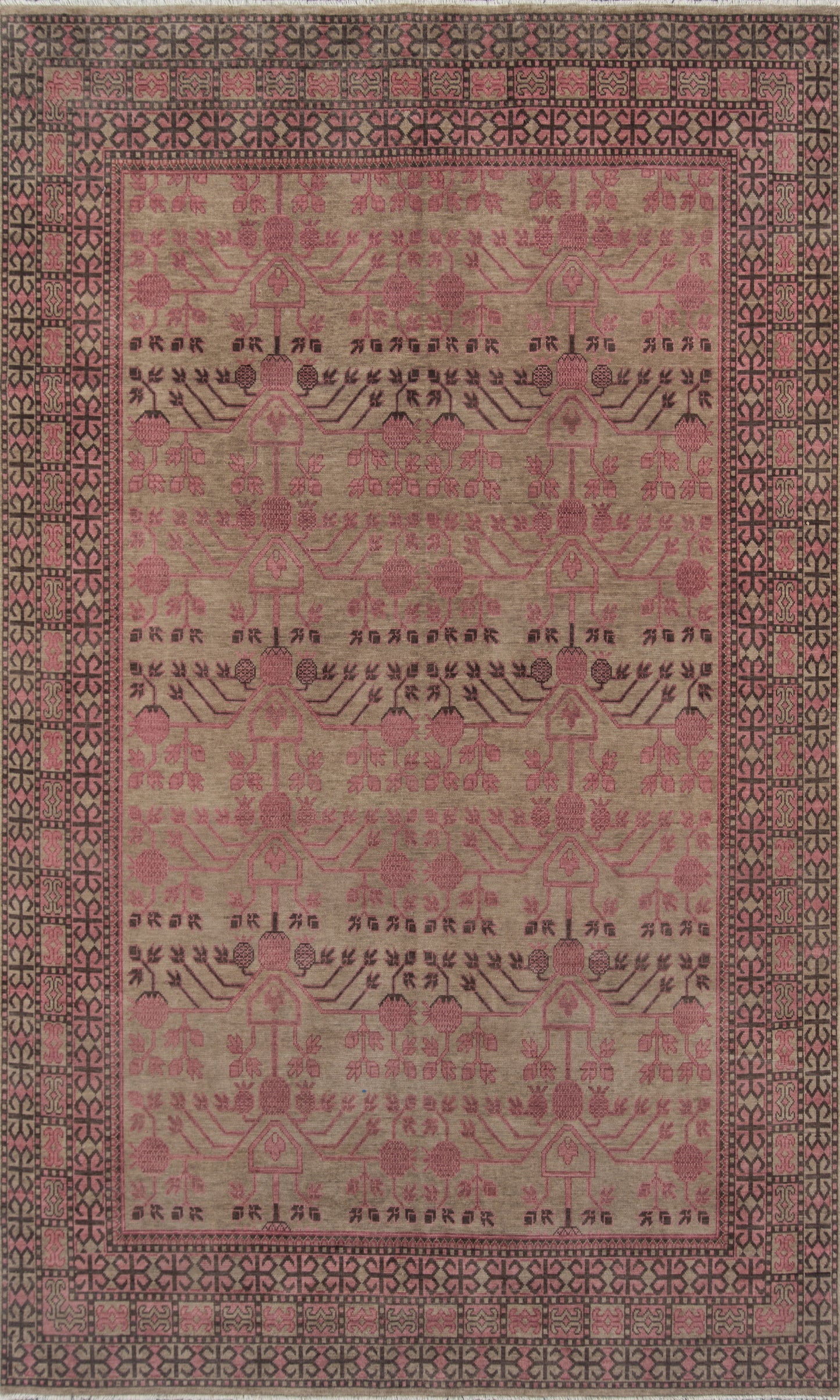 Rectangular pink-beige rug with repeating tree-and-flower motifs and a pink border; Banaras-inspired geometric design